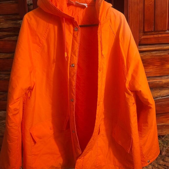 Bushmaster Orange Rain Jacket Hooded Vtg L Nylon & PVC  Snap Pockets Drawstrings - Picture 4 of 6